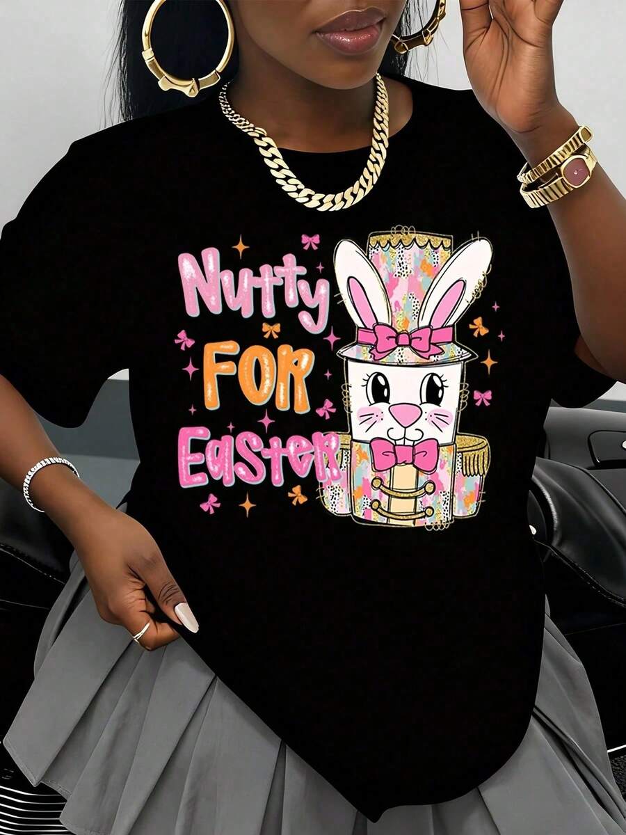 Camiseta negra con diseño de conejo de Pascua, para mujer, con estampado gráfico de Pascua, regalo para el Festival de Primavera, prenda de moda artística. - Negro - Ver 1