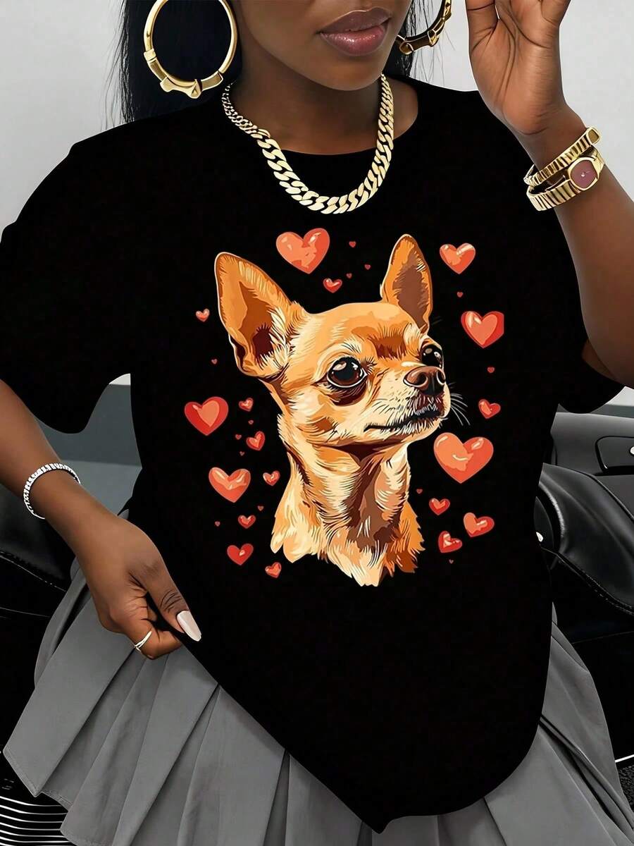 Women's White T-Shirt With Chihuahua Dog And Heart Design, Casual Summer Top, Valentine's Day Gift, Fashionable T-Shirts For Animal Lovers - 黑色 - 查看 1