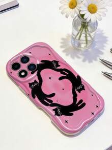 1pc Cream Dopamine Wave Ruffle Soft TPU Texture Creative Personalized Star & Cat Pattern Phone Case Compatible With Galaxy S21 S22 S23 S24 S25 S26/Honor/ And Other Models - White - View 3