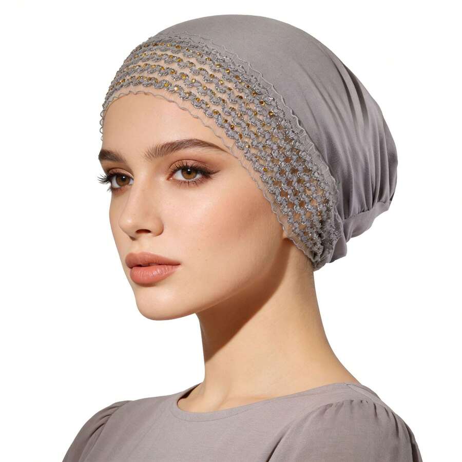1pc [Rhinestone Lace Style]Muslim Women's Underscarf Cap, Modal Elastic Headwrap, Breathable Lace Rhinestone Design, Non-Tight Anti-Hair Loss, Suitable For Hijab Inner/Chemotherapy Cap/Daily Wear, Multiple Colors Available, Skin-Friendly Comfortable Versatile Style, Fashionable Elegant Sweat-Absorbent Breathable, Summer Refreshing Inner Cap, Perfect For Gifting To Friends Or Personal Use - Rhinestone Lace Hat - View 1