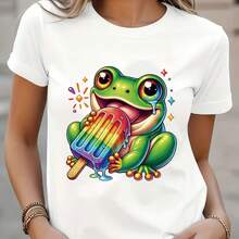 Camiseta de Verano para Mujer con Estampado de Rana, Top Casual de Manga Corta y Cuello Redondo para Primavera y Verano - negro - Ver 2