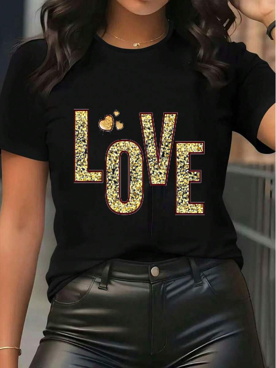 Women's Pure Cotton Short Sleeve T-Shirt Casual Summer Graphic LOVE Print Loose Fit Basic Top - Black - View 1