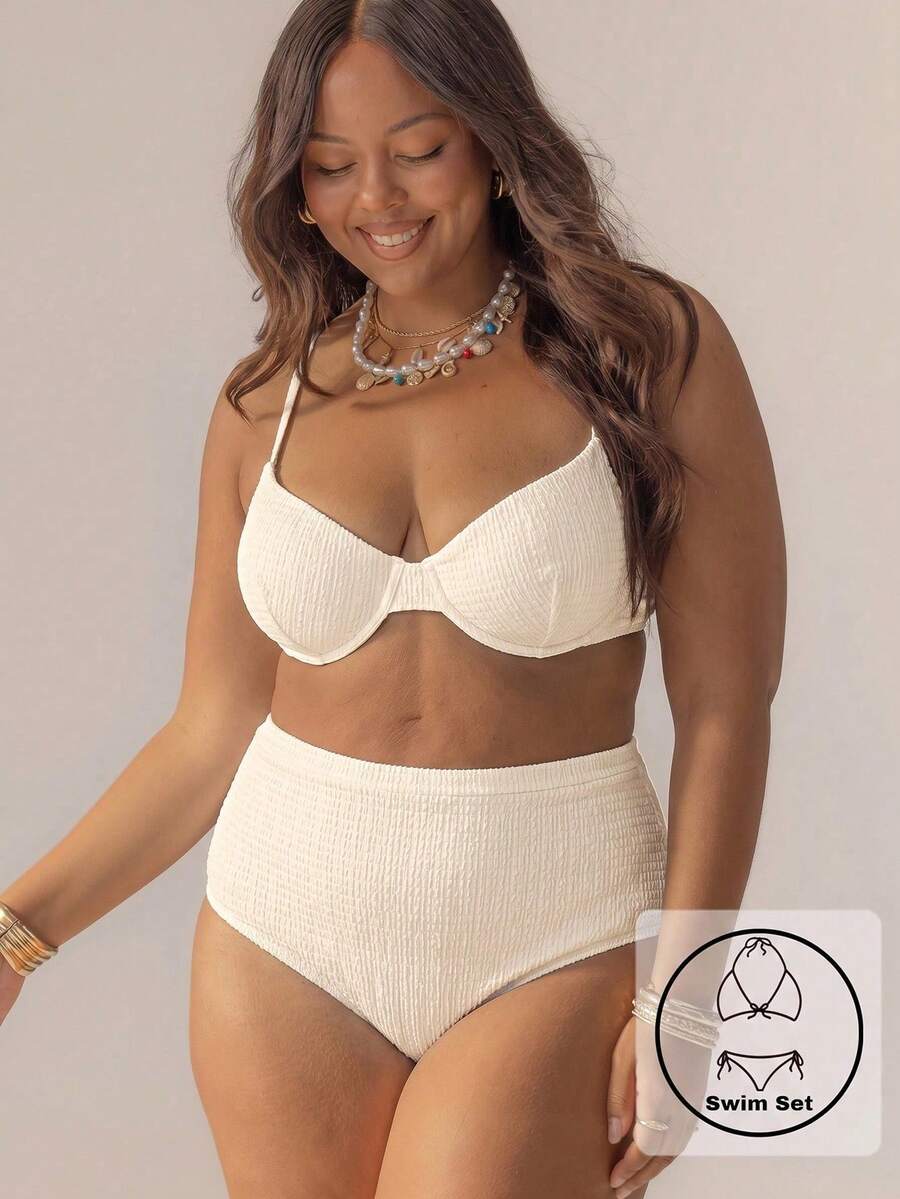 Striped High-Waisted Underwire Bikini Set With Swim Bag, Perfect For Vacations And The 4th Of July, For Summer Outfits And Beach Days - Putih - View 1