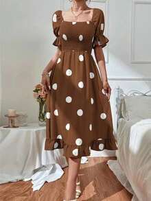 Sweet Feminine Dress With Large Polka Dots And Scalloped Edges - Coffee - View 5