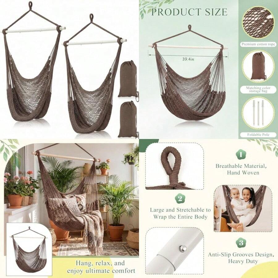 Barydat 2 Piezas Sillas de Hamaca Colgante Silla Columpio Boho Interior Exterior Tejido de Cuerda de Algodón con Barras de Metal Desmontables de 40 Pulgadas para Patio Trasero Sala de Estar Recámara - Marrn oscuro - Ver 1