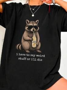 Camisetas de manga corta oversized con cuello en forma de lobo extraño, ropa casual para vacaciones, ropa para mujeres de talla plus, ropa de verano casual, prendas Y2K para hombres y mujere - Negro - Ver 1
