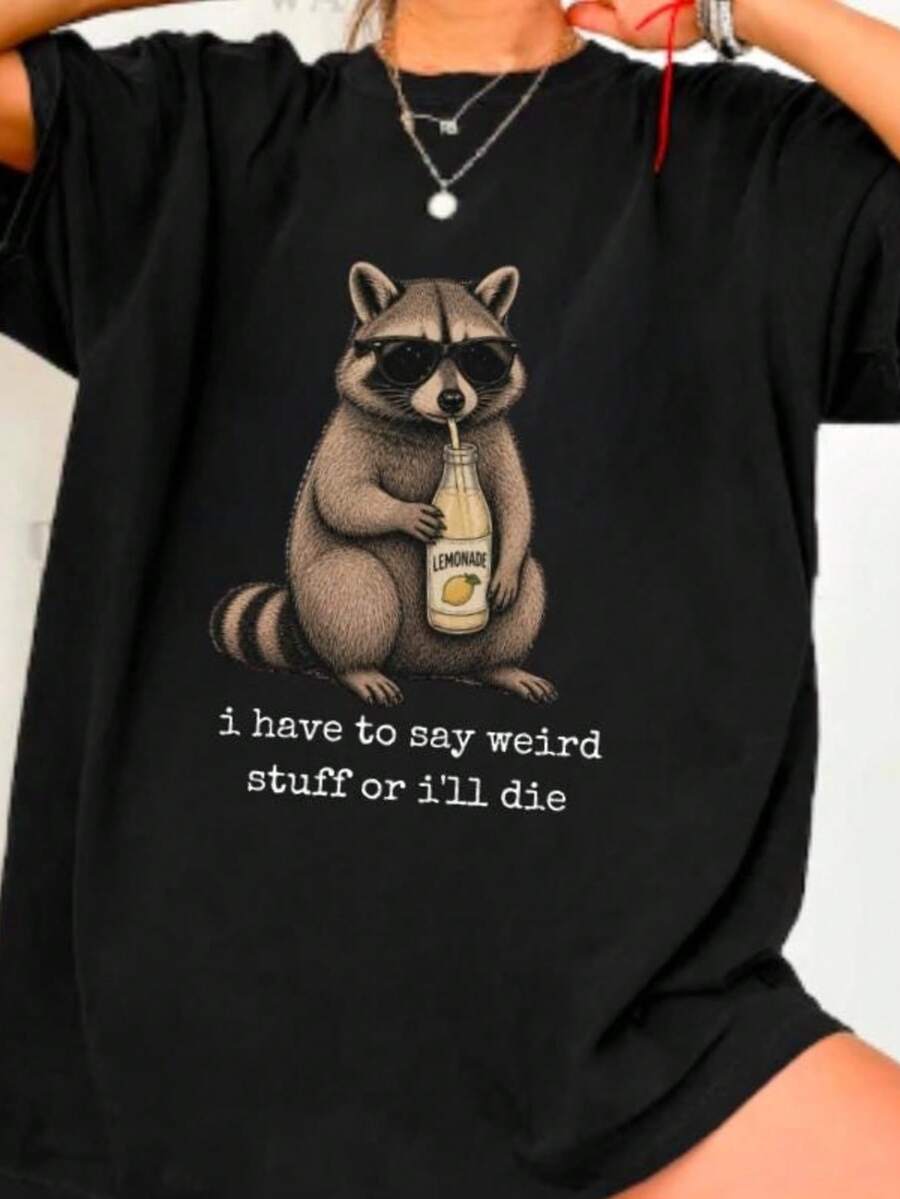 Camisetas de manga corta oversized con cuello en forma de lobo extraño, ropa casual para vacaciones, ropa para mujeres de talla plus, ropa de verano casual, prendas Y2K para hombres y mujere - Negro - Ver 1