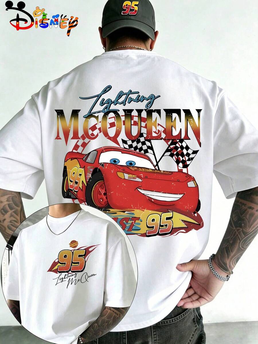 Disney Licensed Lightning McQueen Vintage Oversized Tee, Men's Casual Crew Neck T-Shirt, Distressed 95 Racing Print Streetwear White Top - White - View 1