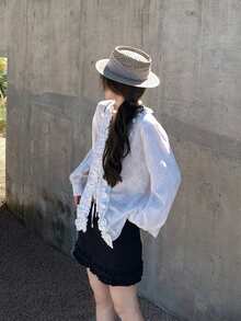 White French Style Frill Trim Long Sleeve Design Cardigan Top For Women - White - View 7