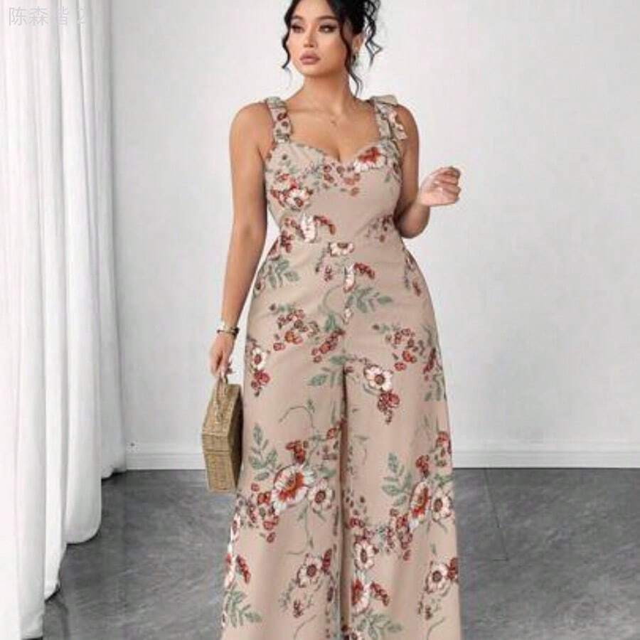 xuehuamaoyi02 Mono de pierna ancha casual y romántico con lazo para vacaciones en talla grande - Beis - Ver 1