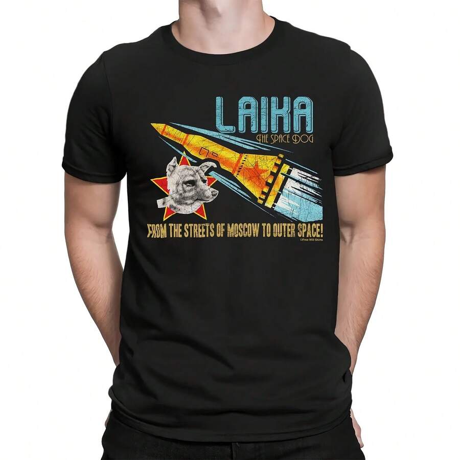 Laika Space Dog Unión Soviética URSS Sputnik 2 Moscú Retro Camiseta corta nuevos hombres camisetas de algodón ropa de calle Harajuku - Multicolor - Ver 1