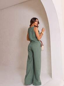 Elegant Women's Two-Piece Set In Green, Consisting Of A Sleeveless Tank Top With A Round Neckline And Wide-Leg Trousers With A Belt, Perfect For A Casual Autumn Look. - 薄荷綠 - 查看 3