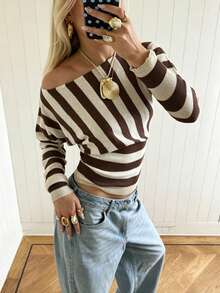 Women's Striped Off-Shoulder Long Sleeve Pullover Sweater, Asymmetrical Long Polyester Top, Suitable For Autumn/Winter Daily Wear - Multicolor - View 1