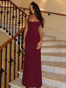 Elegant Sleeveless Long Party Dress For Women, Solid Color, European Style, New Fashion Wrap Dress - Burgundy - View 3