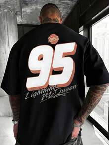 Disney Cars Lightning McQueen Varsity Tee, Distressed Letter Print, Retro American Vibe, Great For Casual Streetwear. - 黑色 - 查看 4