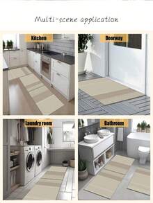 1pc Soft Rubber Absorbent Kitchen Rug, 3.5mm Thick Absorbent Mat Large Or Small Size, Japanese Minimalist Style, Modern Simple Cream Wood Style, Low Saturation Beige, Light Khaki, Warm Brown Earth Tones, Different Texture Lines, Light Patterns And Minimalist Checkerboard Patchwork Room Decor Rug, Can Be Cut To Fit Kitchen Size - Multicolor - View 7