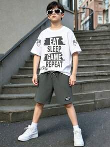 Tween Boy Letter Print Short Sleeve T-Shirt And Shorts Set - White - View 1