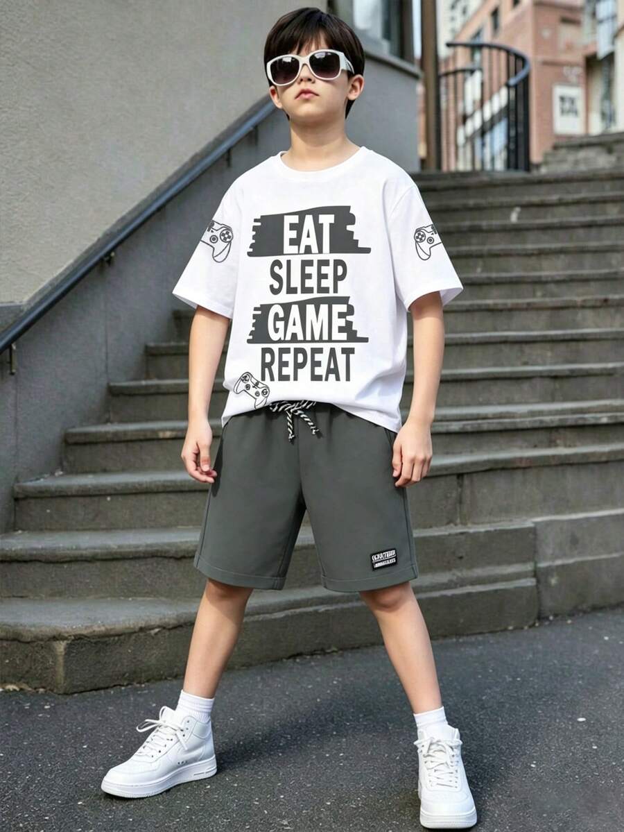 Tween Boy Letter Print Short Sleeve T-Shirt And Shorts Set - White - View 1