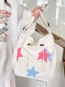 1pc White Summer New Star Decor Large Capacity Nylon Tote Bag Women's Shoulder Crossbody Bag - White - View 4