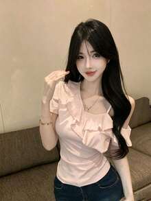女款純色不對稱領荷葉邊短袖修身休閒T恤 - 淺粉色 - 查看 3