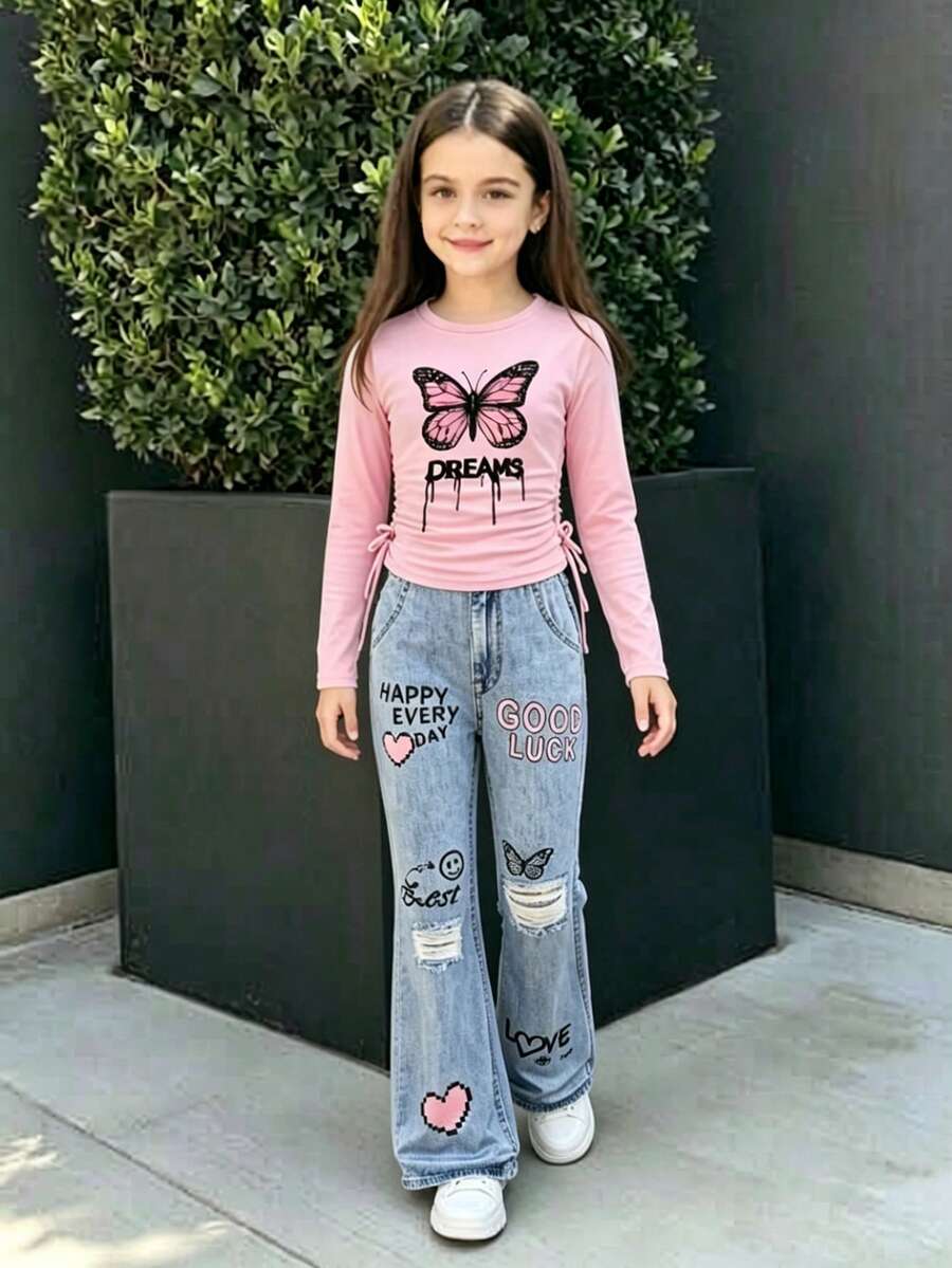 Tween Girl Butterfly Print Round Neck T-Shirt And Digital Print Pants Set - Pink - View 1