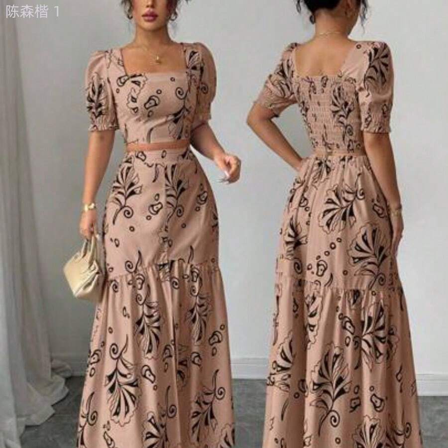 jianchaimaoyi02 Conjunto de 2 piezas con blusa de manga corta con diseño de puño y estampado floral + falda con abertura en el bajo, elegante para vacaciones y uso diario - Marrón - Ver 1