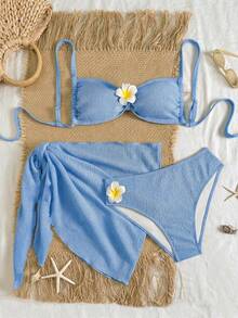 Swim Vcay Women's 3-Piece Bikini Set, Solid Color Floral Print, For Beach And Resort - 藍色的 - 查看 1