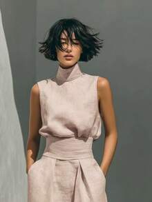 Conjunto primavera 2026 europeo‑americano: top sin mangas unicolor de tejido mixto elegante y pantalones wide leg para mujer. - rosa - Ver 2
