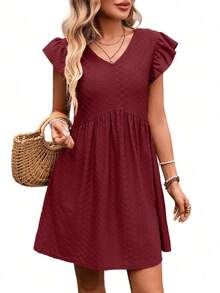 REFRESH YOUR WARDROBE NOW! French-Style Day Dress, V-Neck, Short Sleeves With Romantic Ruffles, Wide And Flowing Skirt, The Essence Of Country Chic For Walks In The Sun - 酒紅色 - 查看 7