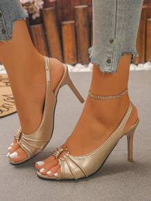 Teen Pleated Toe Baring High-Heeled Sandals With Toe Straps, Breathable And Suitable For School, Party, Shopping And Other Occasions. - Champagne - View 5