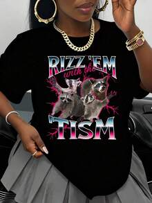 Camiseta Blanca con Gráfico de Mapache Rizz Em With The Tism, Unisex, Estilo Casual Urbano, Camiseta de Moda para Hombres y Mujeres, Estilo Hip Hop, Atuendo de Verano, Idea de Regalo - Negro - Ver 1