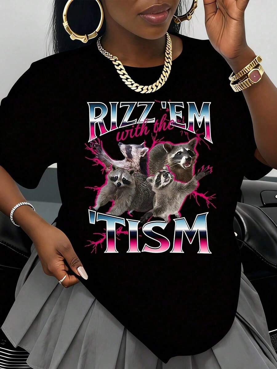 Camiseta Blanca con Gráfico de Mapache Rizz Em With The Tism, Unisex, Estilo Casual Urbano, Camiseta de Moda para Hombres y Mujeres, Estilo Hip Hop, Atuendo de Verano, Idea de Regalo - Negro - Ver 1