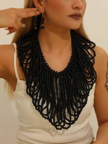 1 Set Collier en perles de bois multicouche exagéré fait main robuste, style bohème européen américain et sud-asiatique, mode vintage élégante pour soirée cocktail, bleu mer, style coréen, vacances et décontracté - Noir - Voir 7