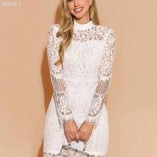 jianchaimaoyi02  Vestido de mujer con dobladillo de encaje elegante, nueva llegada de otoño, vestido de manga de encaje blanco - Multicolor - Ver 6