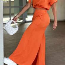 xuehuamaoyi02 Conjunto de top corto con escote entallado y pantalones de pierna ancha de unicolor minimalista para uso casual y diario, elegante en negro para primavera/verano/otoño - Naranja - Ver 4