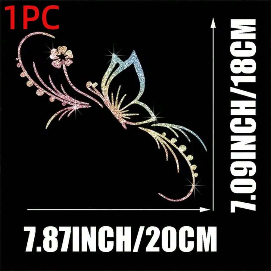 1pc Shiny Butterfly & Floral Reflective Car Sticker - Made Of Vinyl Material, Self-Adhesive, Suitable For Car Windows, Motorcycles And Laptops - A - View 1