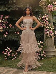 Gaun Pesta Pernikahan Maxi Seksi Baru Tanpa Lengan Berhiaskan Rhinestone, Tanpa Punggung, Ketat, Asimetris, dengan Rumbai di Bagian Bawah - Aprikot - View 4