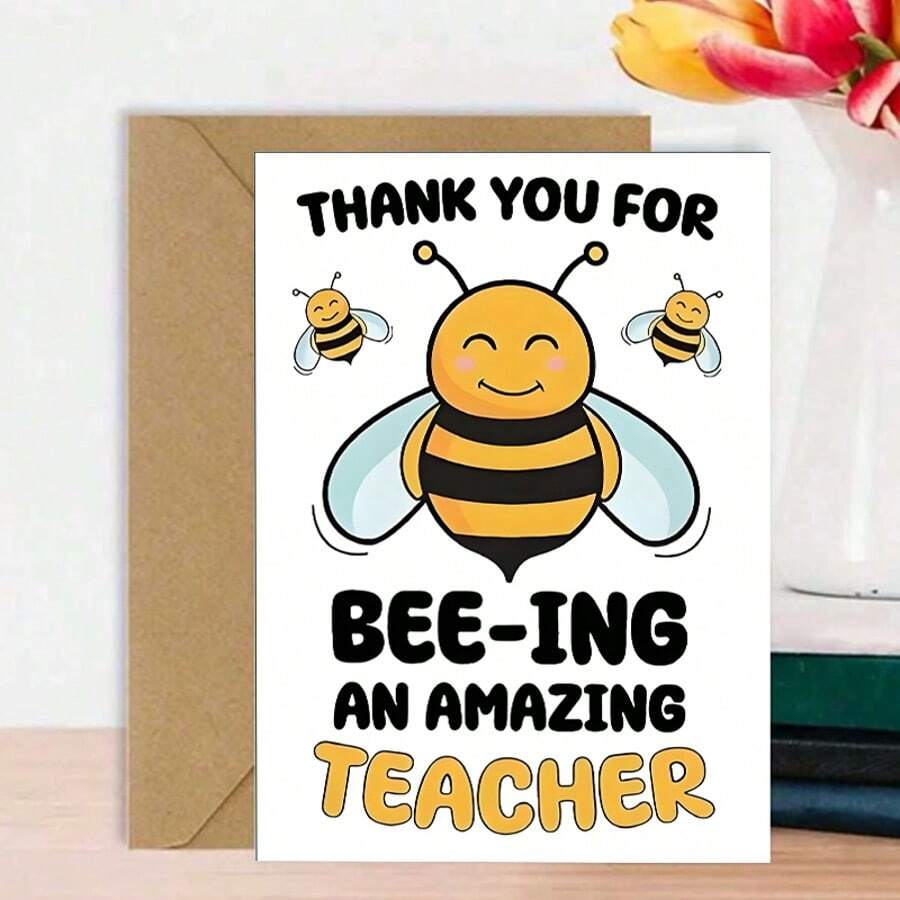 1 pieza Tarjeta de agradecimiento para profesor con tema divertido de "Abeja", Gracias por ser un excelente profesor, Patrón de dibujos animados, Adecuado para educadores y uso en el aula - A - Ver 1