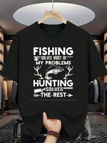La pesca resuelve la mayoría de los problemas, la caza el resto - Camiseta de cuello redondo para hombre - Negro - Ver 1