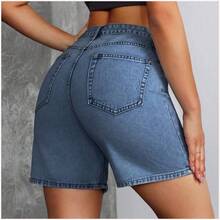 Tall Shorts vaqueros de tiro medio casual lavados para mujer estilo Y2K - Azul lavado oscuro - Ver 8