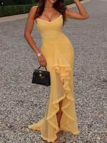 Vestido largo sin mangas con tirantes, estilo europeo alto nivel elegante moda verano ideal para mujer fiesta casual - Amarillo - Ver 6