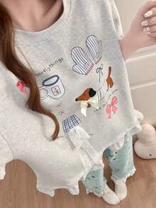 2件組女款睡衣家居服套裝，可愛小狗印花蕾絲蝴蝶結裝飾套頭短袖上衣，動物印花短版長褲，時尚款，適合春、夏、秋季 - 彩色 - 查看 8
