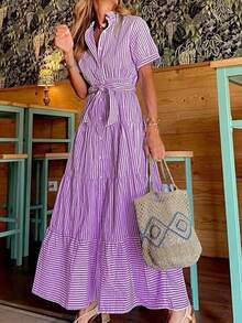REFRESH YOUR WARDROBE NOW! New Women's Midi Dress, Elegant Striped Print, Short Sleeves, Flattering And Comfortable Loose Fit For Everyday Wear And The Office - 紫色 - 查看 5