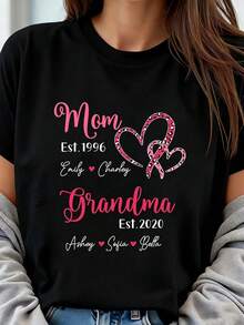 Camiseta Personalizada DIY para Abuela, Corazón Leopardo, Mamá, Estilo Abuela, 1 Pieza, Talla Grande para Mujer, Camiseta Gráfica Oversize de Manga Corta 220g, Novedosa, 100% Poliéster, Cami - Negro - Ver 1