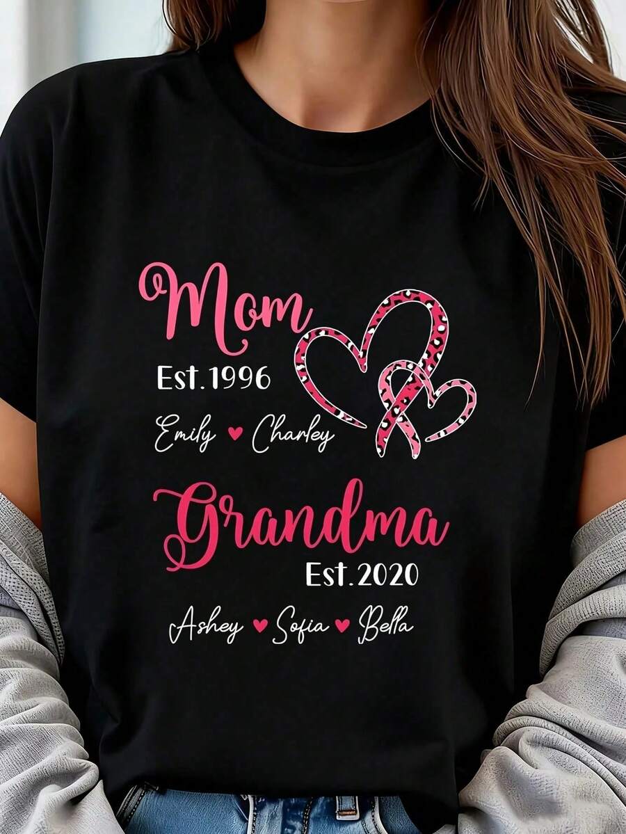 Camiseta Personalizada DIY para Abuela, Corazón Leopardo, Mamá, Estilo Abuela, 1 Pieza, Talla Grande para Mujer, Camiseta Gráfica Oversize de Manga Corta 220g, Novedosa, 100% Poliéster, Cami - Negro - Ver 1
