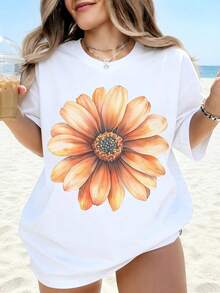 Oversized White T-Shirt With Large Sunflower Print, Women's Casual Summer Beach Top, Loose Fit Graphic Tee, Vacation Outfit - 白色 - 查看 1