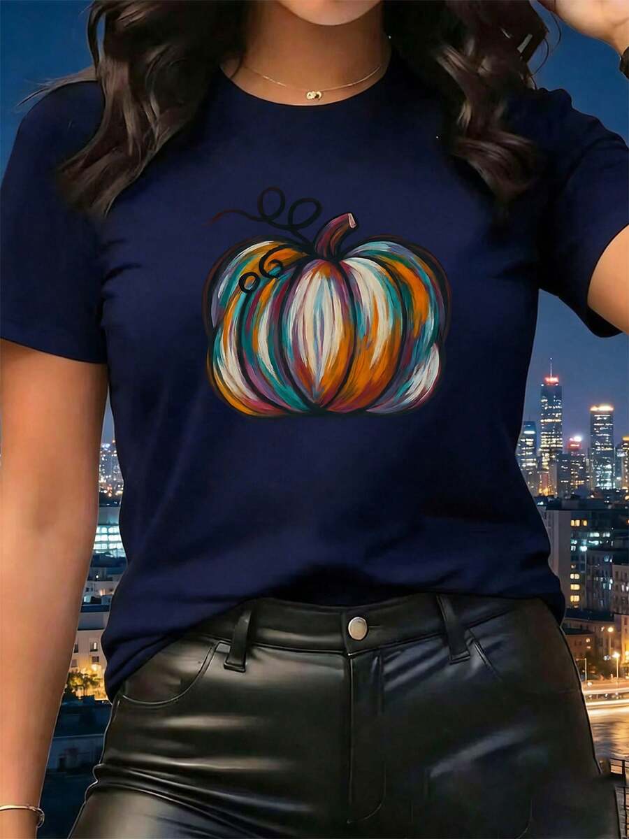 Women's T-Shirt, Colorful Striped Pumpkin, Comfortable Wear - Navy Blue - View 1