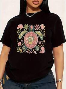 Camiseta de Mujer Talla Grande con Estampado Gráfico de Tortuga Marina Estilo Boho Chic, Divertida, de Manga Corta, 100% Algodón, Cuello Redondo, 220g - Negro - Ver 1