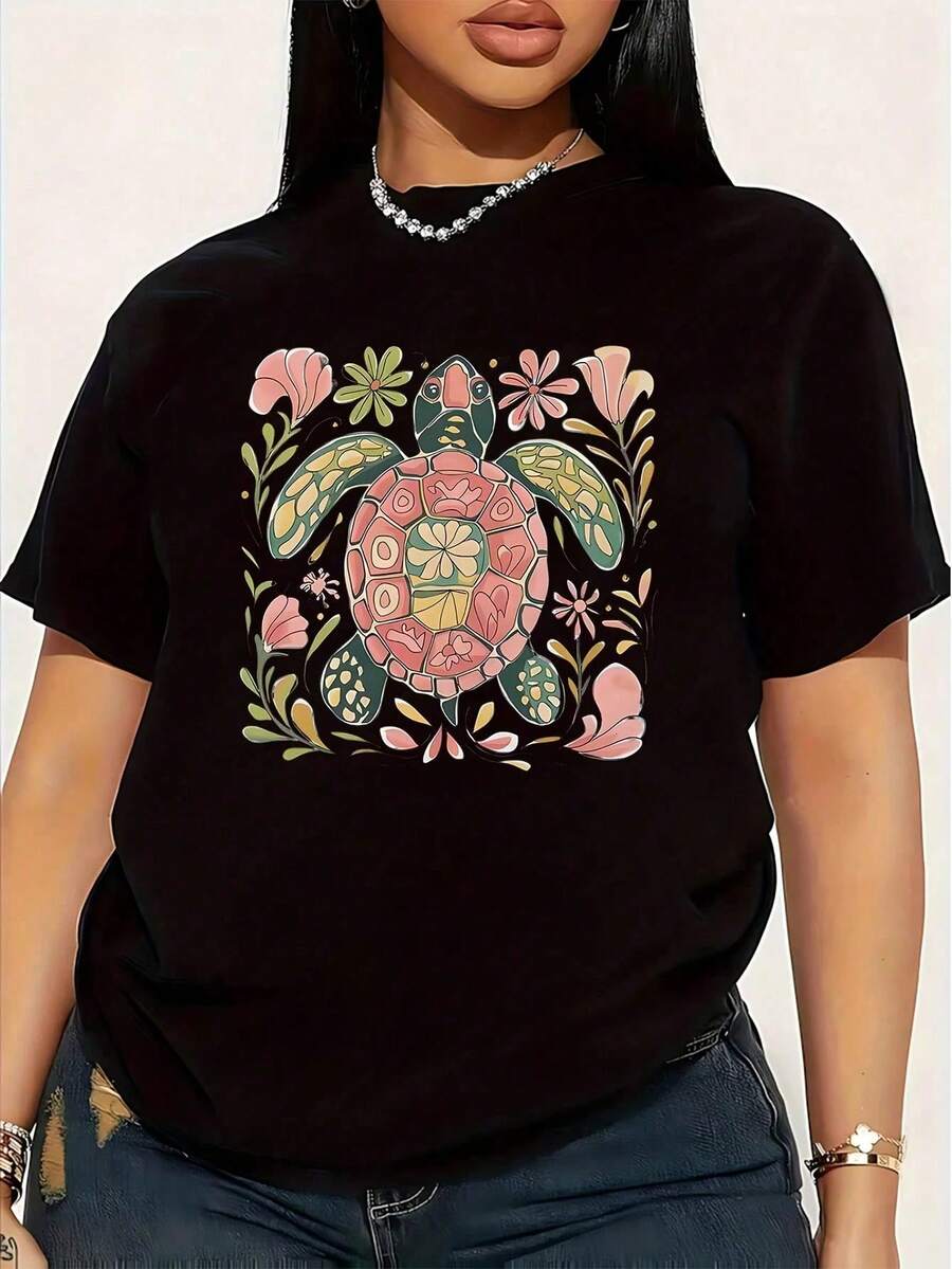 Camiseta de Mujer Talla Grande con Estampado Gráfico de Tortuga Marina Estilo Boho Chic, Divertida, de Manga Corta, 100% Algodón, Cuello Redondo, 220g - Negro - Ver 1