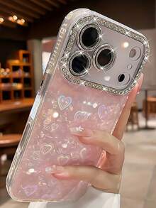時尚優雅水鑽閃亮水晶愛心雷射貝殼紋手機殼，適用於 iPhone 17 Pro Max 16 15 14 Plus 13 12 Pro 11 Air，附柔軟鏡頭保護膜 - 粉色 - 查看 17